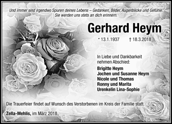 Traueranzeige von Gerhard Heym von Südthüringer Presse