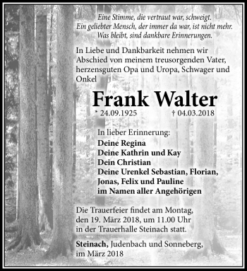 Traueranzeige von Frank Walter von Südthüringer Presse
