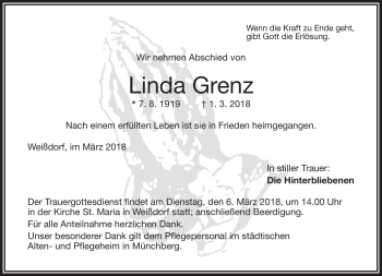 Traueranzeige von Linda Grenz von Frankenpost