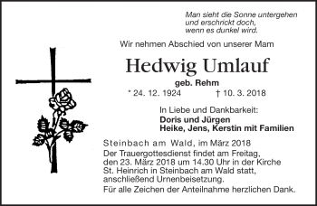 Traueranzeige von Hedwig Umlauf von Neue Presse Coburg