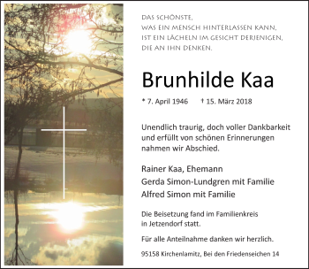 Traueranzeige von Brunhilde Kaa von Frankenpost