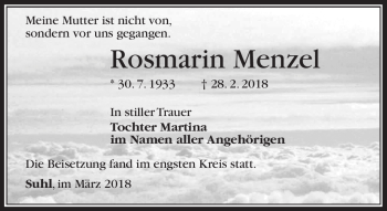 Traueranzeige von Rosmarin Menzel von Südthüringer Presse