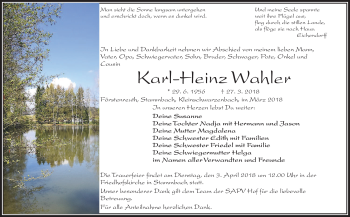 Traueranzeige von Karl-Heinz Wahler von Frankenpost
