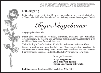 Traueranzeige von Inge Neugebauer von Südthüringer Presse