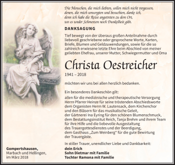 Traueranzeige von Christa Oestreicher von Südthüringer Presse