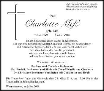 Traueranzeige von Charlotte Meß von Südthüringer Presse