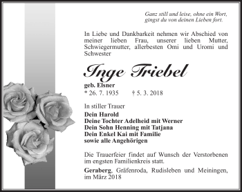 Traueranzeige von Inge Triebel von Südthüringer Presse