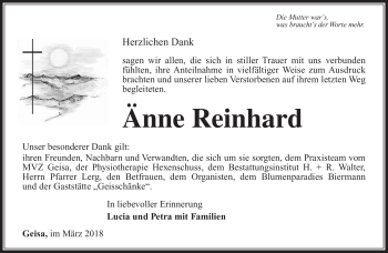 Traueranzeige von Änne Reinhard von Südthüringer Presse