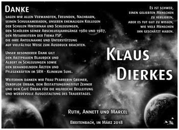 Traueranzeige von Klaus Dierkes von Südthüringer Presse