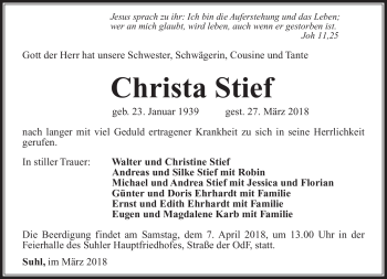 Traueranzeige von Christa Stief von Südthüringer Presse