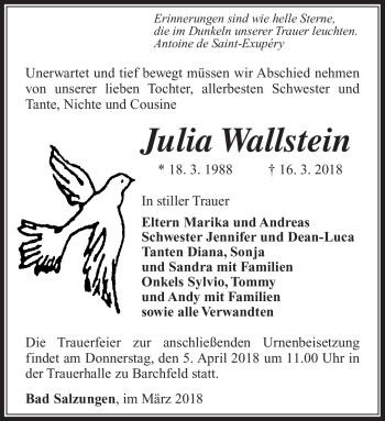 Traueranzeige von Julia Wallstein von Südthüringer Presse