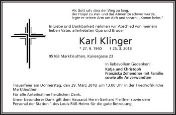 Traueranzeige von Karl Klinger von Frankenpost