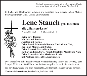 Traueranzeige von Lene Stauch von Südthüringer Presse