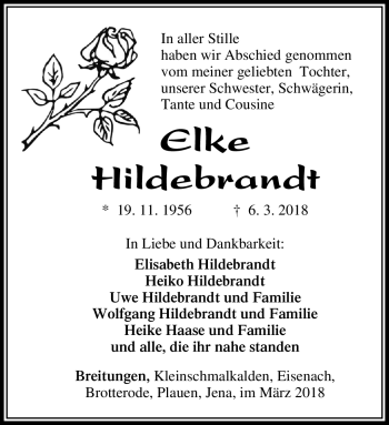 Traueranzeige von Elke Hildenbrandt von Südthüringer Presse