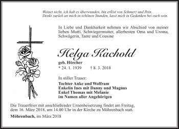 Traueranzeige von Helga Kachold von Südthüringer Presse