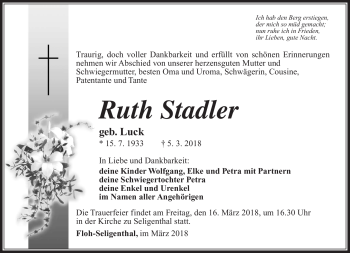 Traueranzeige von Ruth Stadler von Südthüringer Presse