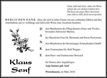 Traueranzeige von Klaus Senf von Südthüringer Presse