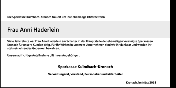 Traueranzeige von Anni Haderlein von Frankenpost