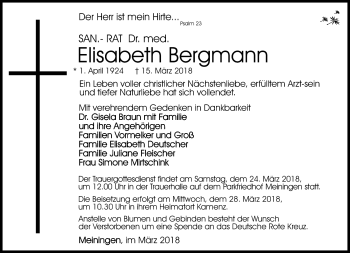 Traueranzeige von Elisabeth Bergmann von Südthüringer Presse