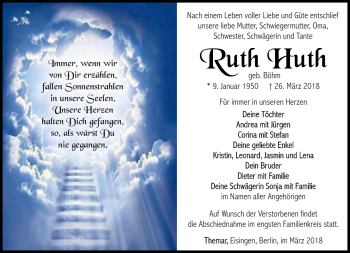 Traueranzeige von Ruth Huth von Südthüringer Presse