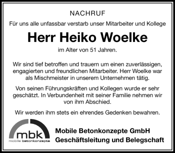 Traueranzeige von Heiko Woelke von Südthüringer Presse