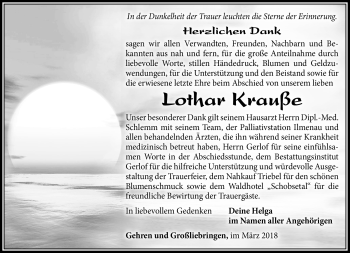 Traueranzeige von Lothar Krauße von Südthüringer Presse