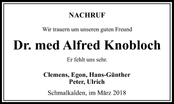 Traueranzeige von Alfred Knobloch von Südthüringer Presse