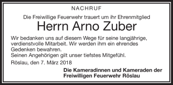 Traueranzeige von Arno Zuber von Frankenpost