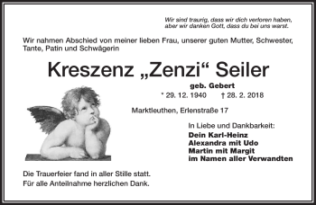 Traueranzeige von Kreszenz Seiler von Frankenpost