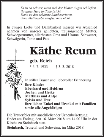 Traueranzeige von Käthe Reum von Südthüringer Presse