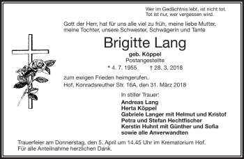 Traueranzeige von Brigitte Lang von Frankenpost