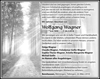 Traueranzeige von Wolfgang Wagner von Südthüringer Presse