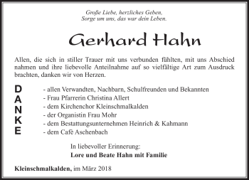 Traueranzeige von Gerhard Hahn von Südthüringer Presse