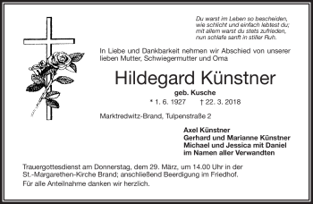 Traueranzeige von Hildegard Künstner von Frankenpost