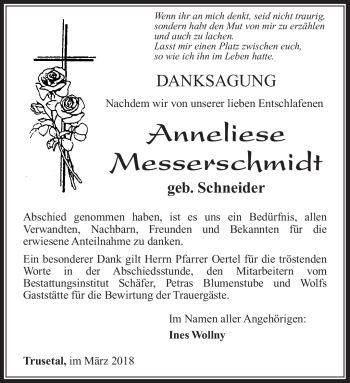 Traueranzeige von Anneliese Messerschmidt von Südthüringer Presse