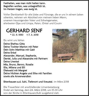 Traueranzeige von Gerhard Senf von Südthüringer Presse