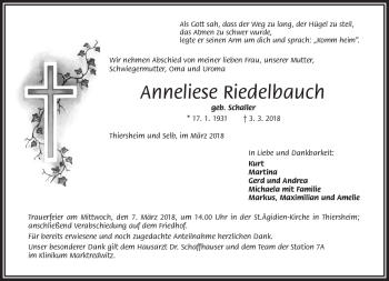 Traueranzeige von Anneliese Riedelbauch von Frankenpost