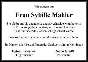 Traueranzeige von Sybille Mahler von Südthüringer Presse