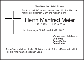 Traueranzeige von Manfred Meier von Frankenpost