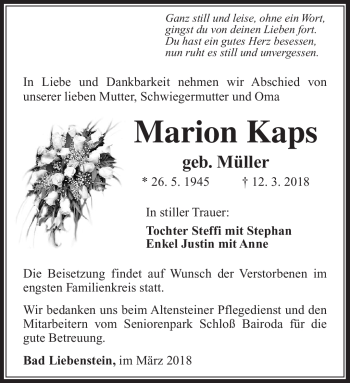 Traueranzeige von Marion Kaps von Südthüringer Presse