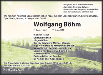 Traueranzeige von Wolfgang Böhm von Südthüringer Presse