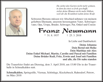 Traueranzeige von Franz Neumann von Südthüringer Presse