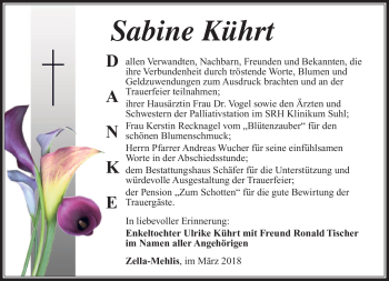 Traueranzeige von Sabine Kührt von Südthüringer Presse