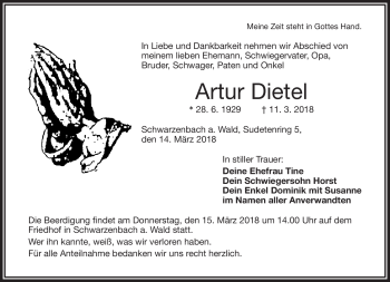 Traueranzeige von Artur Dietel von Frankenpost