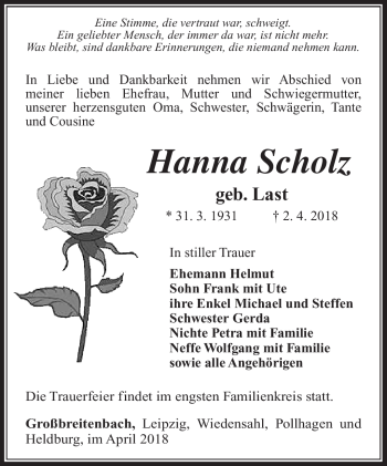 Traueranzeige von Hanna Scholz von Südthüringer Presse