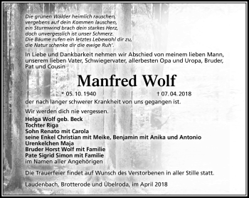 Traueranzeige von Manfred Wolf von Südthüringer Presse