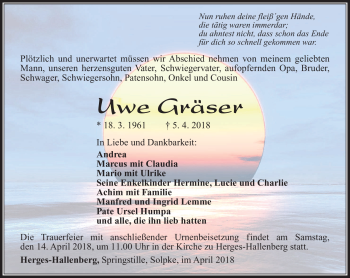 Traueranzeige von Uwe Gräser von Südthüringer Presse