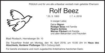Traueranzeige von Rolf Beez von Neue Presse Coburg