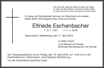 Traueranzeige von Elfriede Eschenbacher von Frankenpost