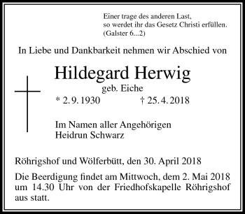 Traueranzeige von Hildegard Herwig von Südthüringer Presse
